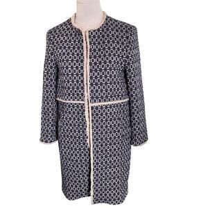 Zara Small Printed Tweed Jacket Blue Cream Cotton Blend  Midi Open Front Fringe